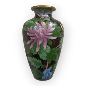 Vintage Cloisonné Floral Vase with Pink Chrysanthemum and Green Leaves